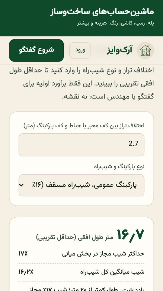 ماشین‌حساب طول رمپ پارکینگ